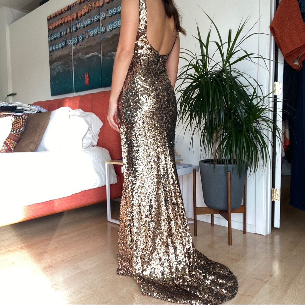 Floor Length Formal Gold Sequin Dress - Picture 2 of 3